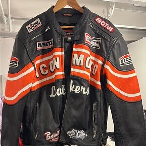 Icon Black and Orange Moto Leather Jacket
